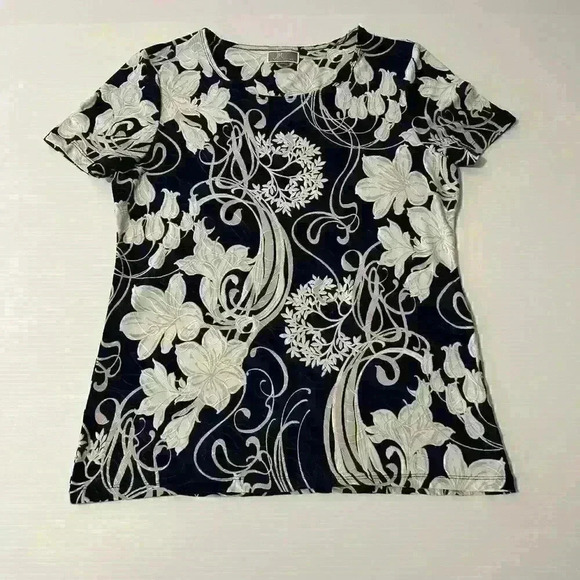 JM Collection Womens Sz M Navy White Patterned Stretchy Floral Short Sleeve Top - Picture 3 of 12